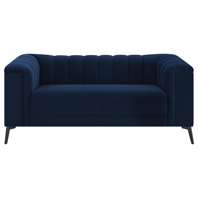  Coaster Furniture Chalet 509212 Upholstered Tuxedo Arm Tufted Loveseat - Blue IMAGE 2