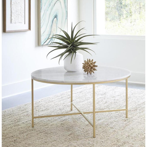  Coaster Furniture Ellison 723208 Round Marble Top Coffee Table - White and Gold IMAGE 1