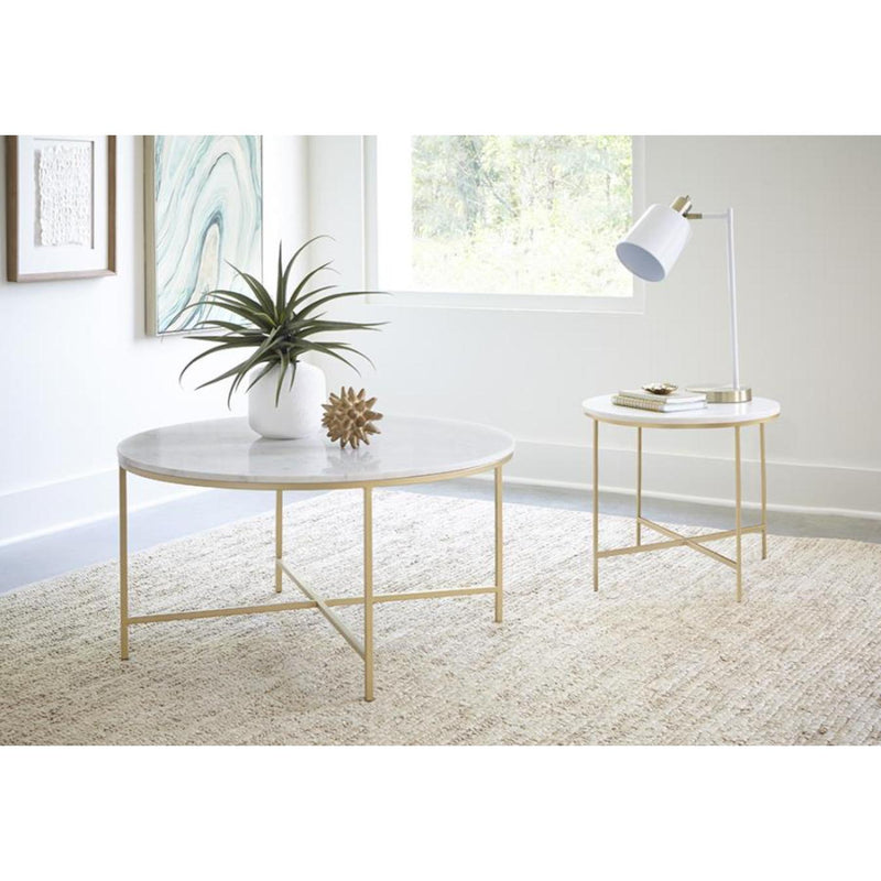  Coaster Furniture Ellison 723208 Round Marble Top Coffee Table - White and Gold IMAGE 2