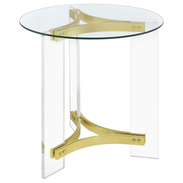  Coaster Furniture Janessa 710067 Round Glass Top Acrylic Leg End Table - Matte Brass IMAGE 1