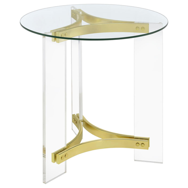  Coaster Furniture Janessa 710067 Round Glass Top Acrylic Leg End Table - Matte Brass IMAGE 1