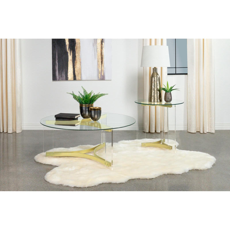  Coaster Furniture Janessa 710067 Round Glass Top Acrylic Leg End Table - Matte Brass IMAGE 2