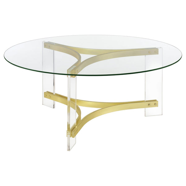  Coaster Furniture Janessa 710068 Round Glass Top Acrylic Leg Coffee Table - Matte Brass IMAGE 1