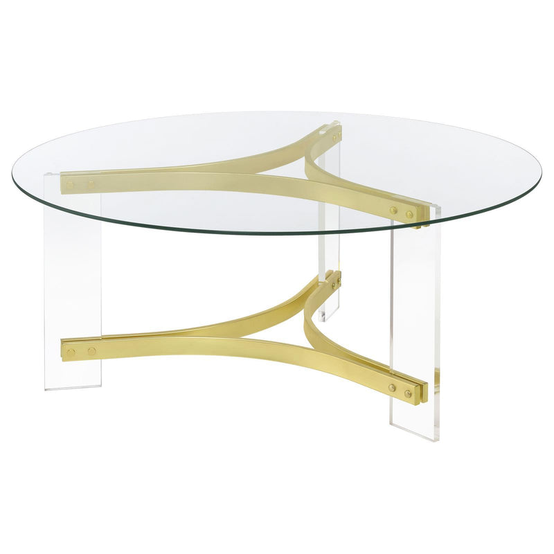  Coaster Furniture Janessa 710068 Round Glass Top Acrylic Leg Coffee Table - Matte Brass IMAGE 4