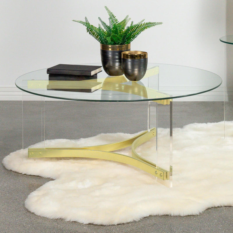  Coaster Furniture Janessa 710068 Round Glass Top Acrylic Leg Coffee Table - Matte Brass IMAGE 9