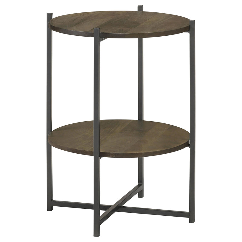  Coaster Furniture Axel 935993 Round Accent Table with Open Shelf - Natural and Gunmetal IMAGE 1