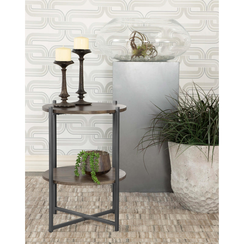  Coaster Furniture Axel 935993 Round Accent Table with Open Shelf - Natural and Gunmetal IMAGE 3