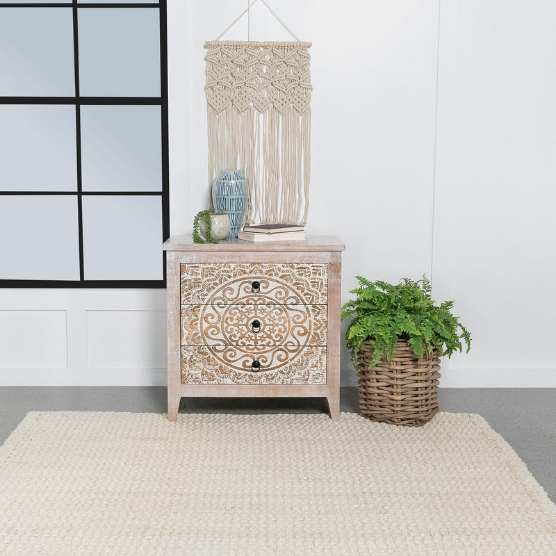  Coaster Furniture Mariska 950390 3-Drawer Wood Mandala Cabinet - Distressed White IMAGE 9