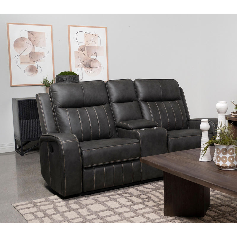  Coaster Furniture Raelynn 603192 Upholstered Track Arm Motion Loveseat - Grey IMAGE 2