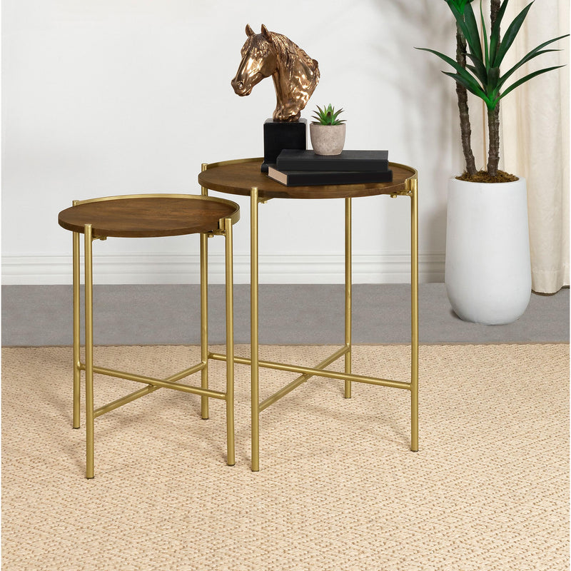  Coaster Furniture Malka 936168 2-piece Round Wood Nesting Table - Dark Brown and Gold IMAGE 2