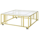  Coaster Furniture Adri 710188 Square Glass Top Coffee Table with Casters - Matte Brass IMAGE 4