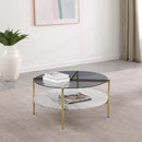  Coaster Furniture Jonelle 710338 Round Glass Top Coffee Table - White Marble Shelf Gold IMAGE 2