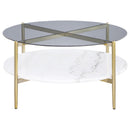  Coaster Furniture Jonelle 710338 Round Glass Top Coffee Table - White Marble Shelf Gold IMAGE 3