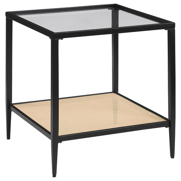  Coaster Furniture Amherst 710657 Glass Top Metal with Cane Shelf End Table - Black IMAGE 1