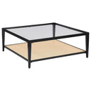  Coaster Furniture Amherst 710658 Glass Top Metal with Cane Shelf Coffee Table - Black IMAGE 1